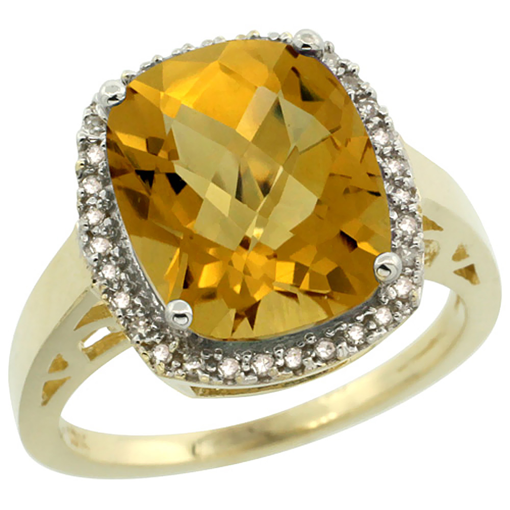 14K Yellow Gold Diamond Natural Whisky Quartz Ring Cushion-cut 12x10mm, sizes 5-10