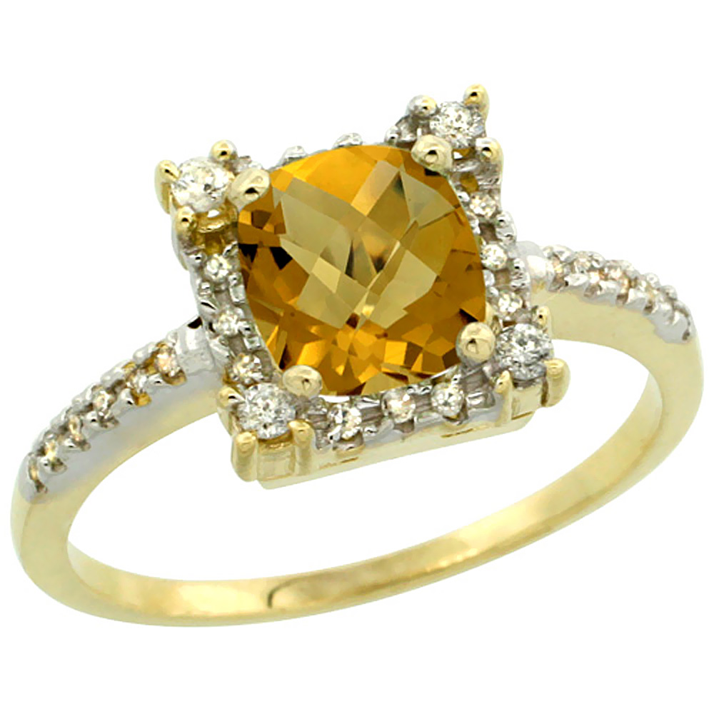 10k Yellow Gold Natural Whisky Quartz Ring Cushion-cut 6x6mm Diamond Halo, sizes 5-10