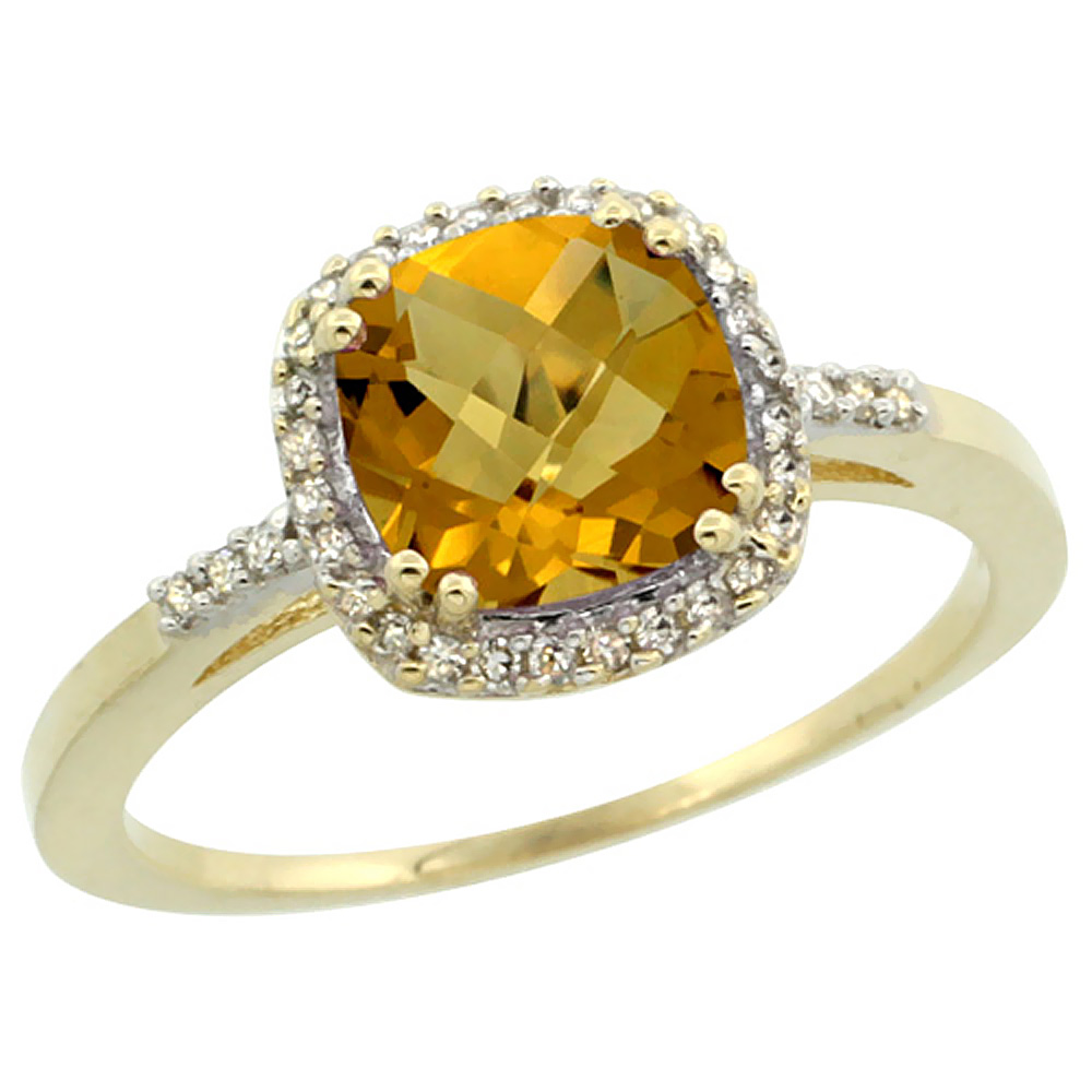 10K Yellow Gold Diamond Natural Whisky Quartz Ring Cushion-cut 7x7mm, sizes 5-10