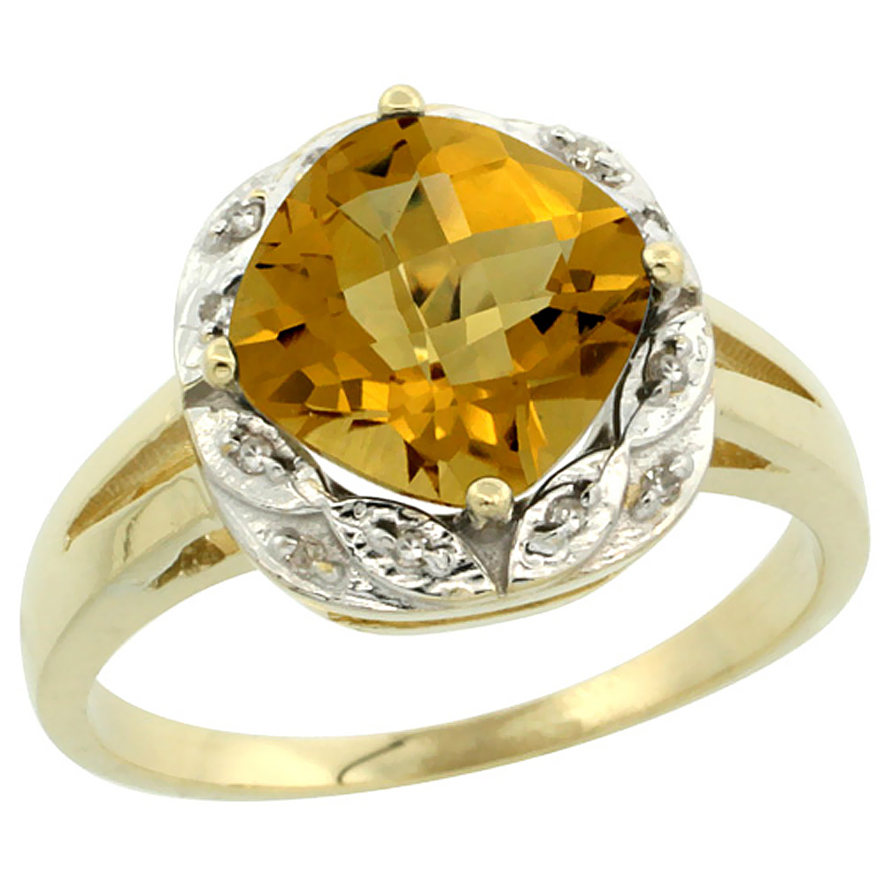 10k Yellow Gold Natural Whisky Quartz Ring Cushion-cut 8x8mm Diamond Halo, sizes 5-10