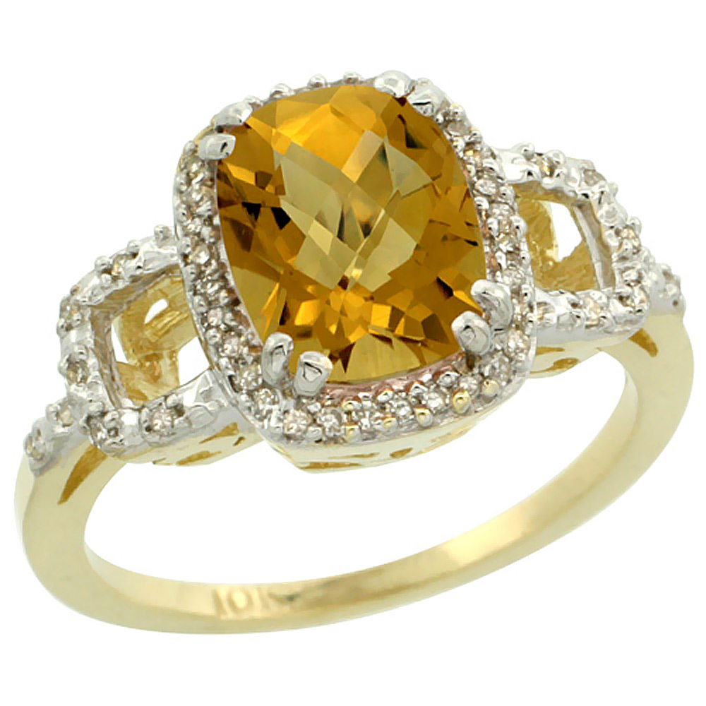 10K Yellow Gold Diamond Natural Whisky Quartz Ring Cushion-cut 9x7mm, sizes 5-10