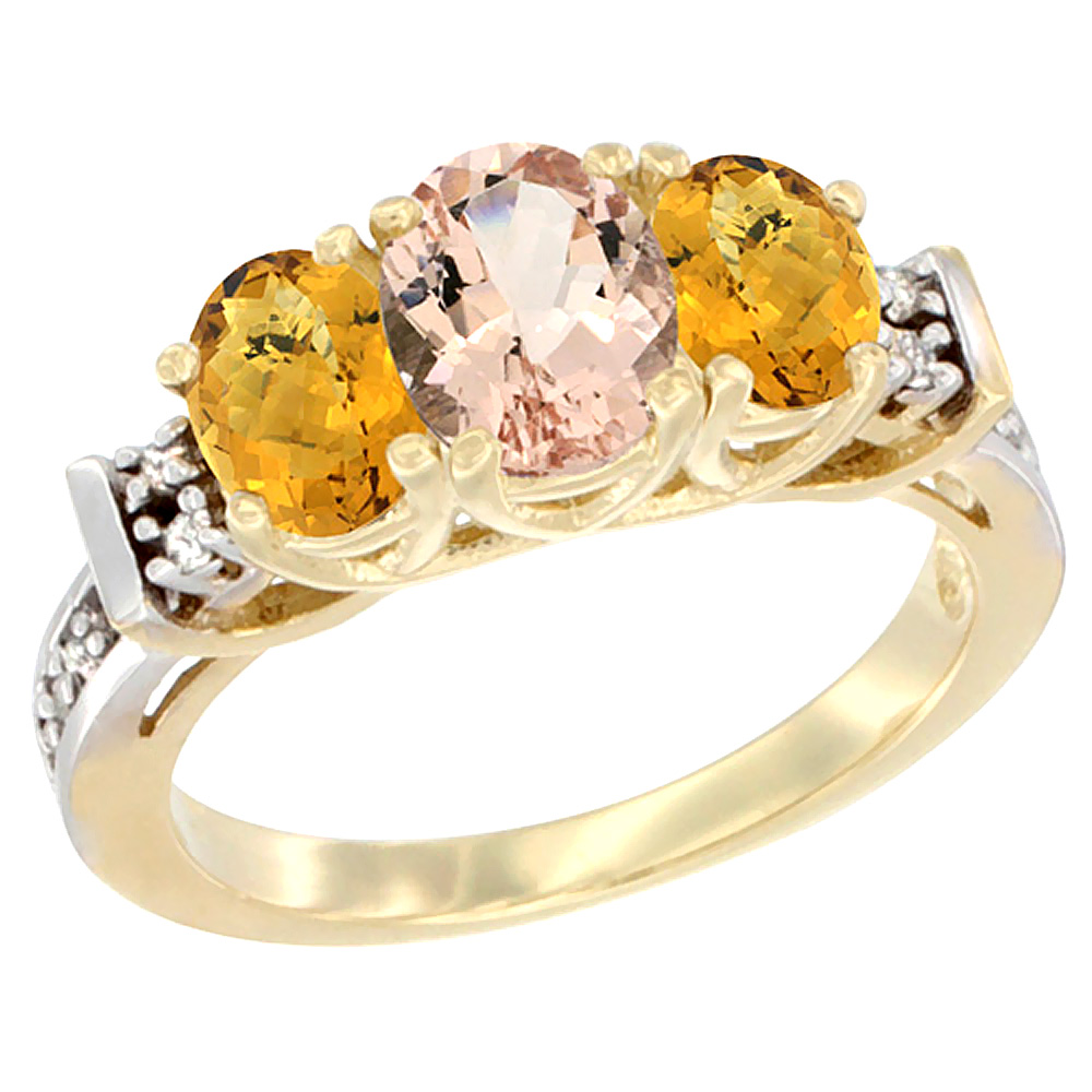 14K Yellow Gold Natural Morganite & Whisky Quartz Ring 3-Stone Oval Diamond Accent