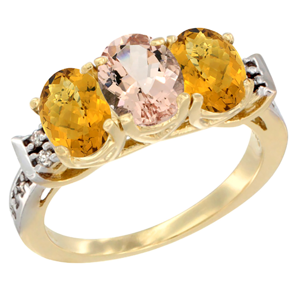 14K Yellow Gold Natural Morganite & Whisky Quartz Ring 3-Stone 7x5 mm Oval Diamond Accent, sizes 5 - 10