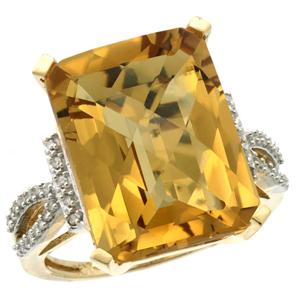 10K Yellow Gold Diamond Natural Whisky Quartz Ring Emerald-cut 16x12mm, sizes 5-10