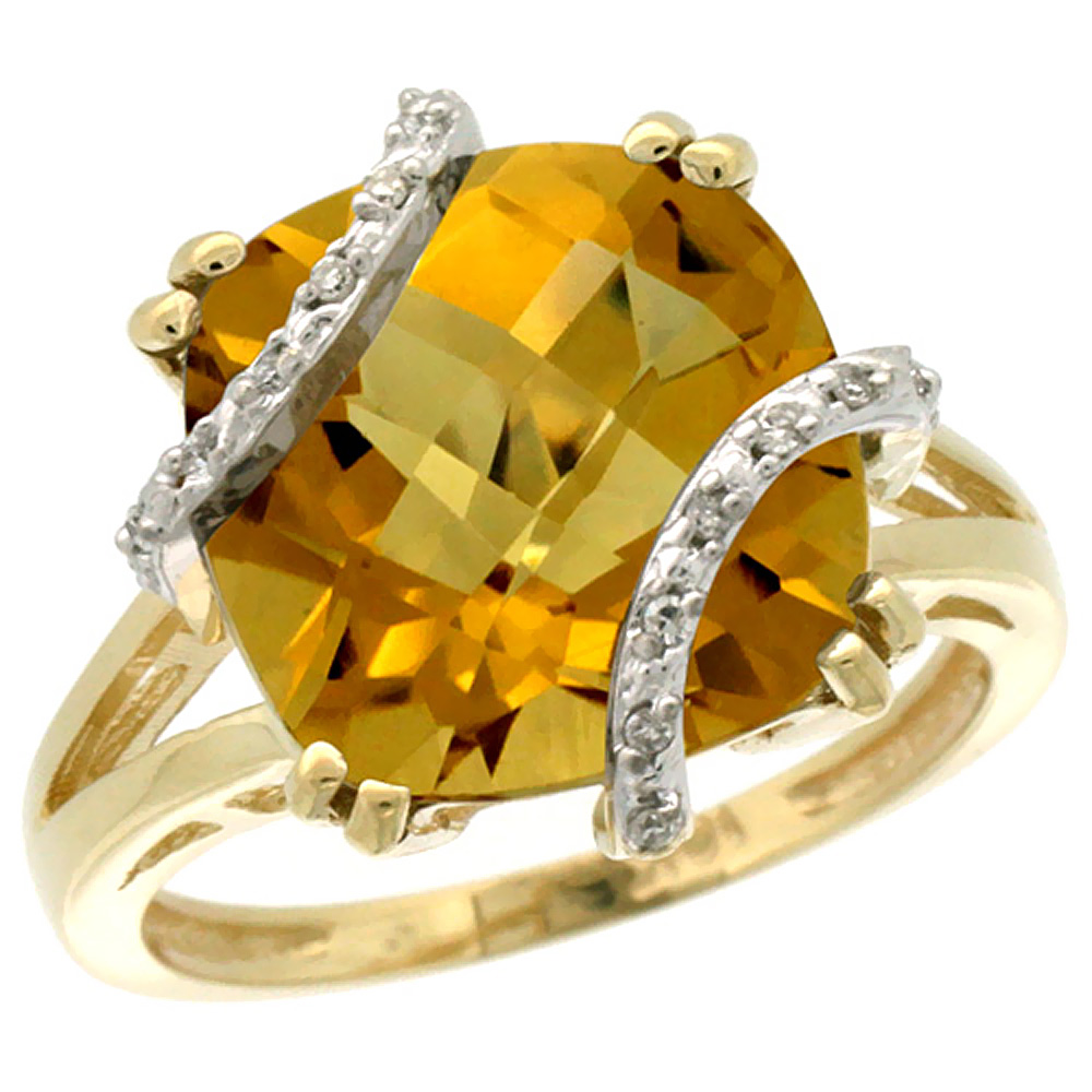 10k Yellow Gold Natural Whisky Quartz Ring Cushion-cut 12x12mm Diamond Accent, sizes 5-10