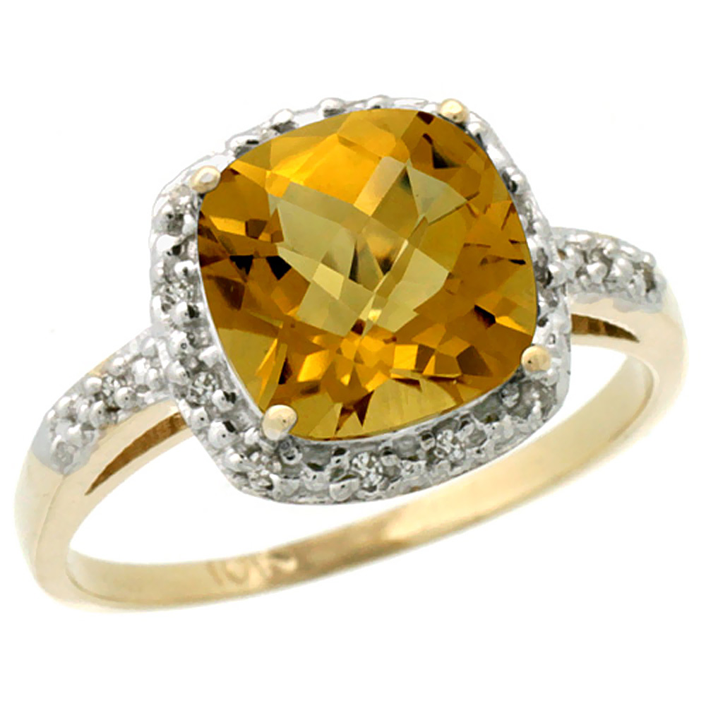 14K Yellow Gold Diamond Natural Whisky Quartz Ring Cushion-cut 8x8 mm, sizes 5-10