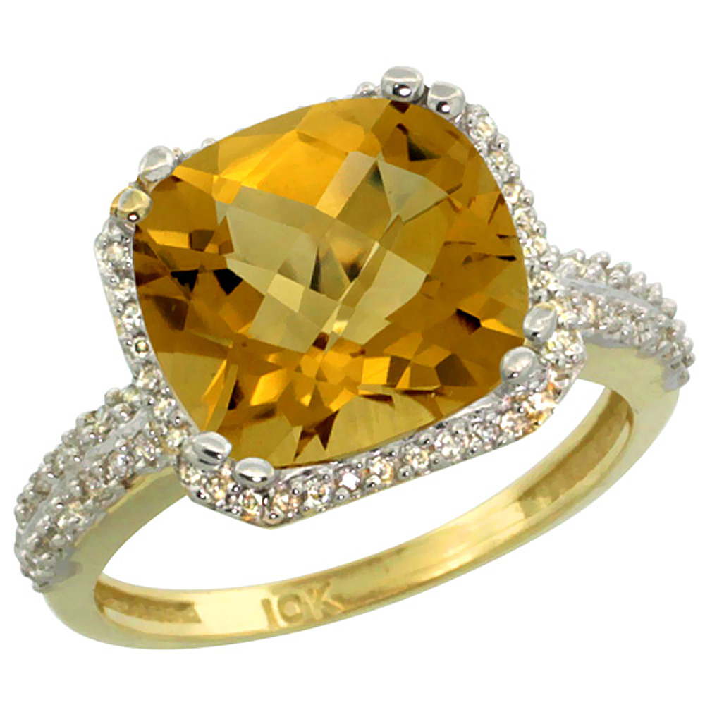 10k Yellow Gold Natural Whisky Quartz Ring Cushion-cut 11x11mm Diamond Halo, sizes 5-10