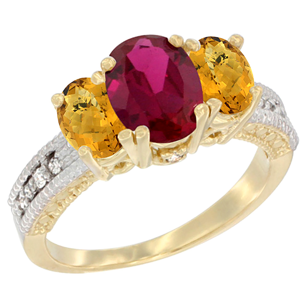 14K Yellow Gold Diamond Enhanced Ruby Ring Oval 3-stone with Whisky Quartz, sizes 5 - 10