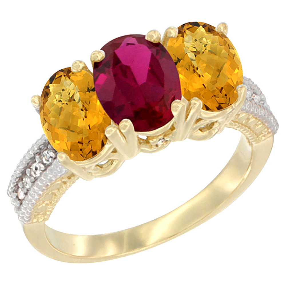 14K Yellow Gold Enhanced Ruby Ring with Natural Whisky Quartz 3-Stone 7x5 mm Oval Diamond Accent, sizes 5 - 10
