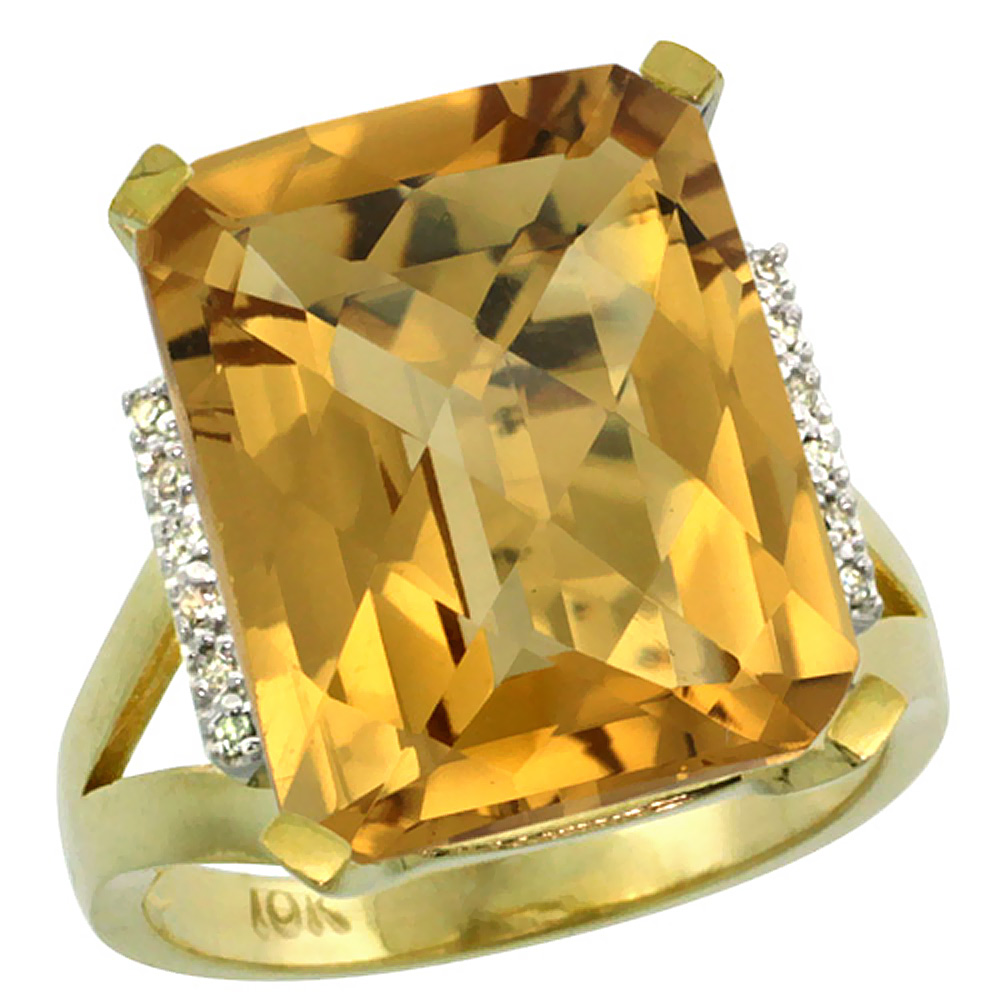 14K Yellow Gold Diamond Natural Whisky Quartz Ring Emerald-cut 16x12mm, sizes 5-10