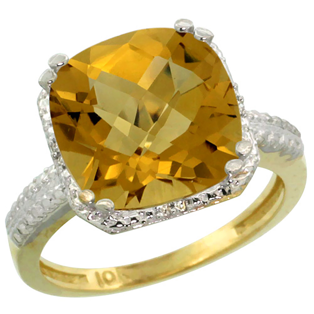 14K Yellow Gold Diamond Natural Whisky Quartz Ring Cushion-cut 11x11mm, sizes 5-10