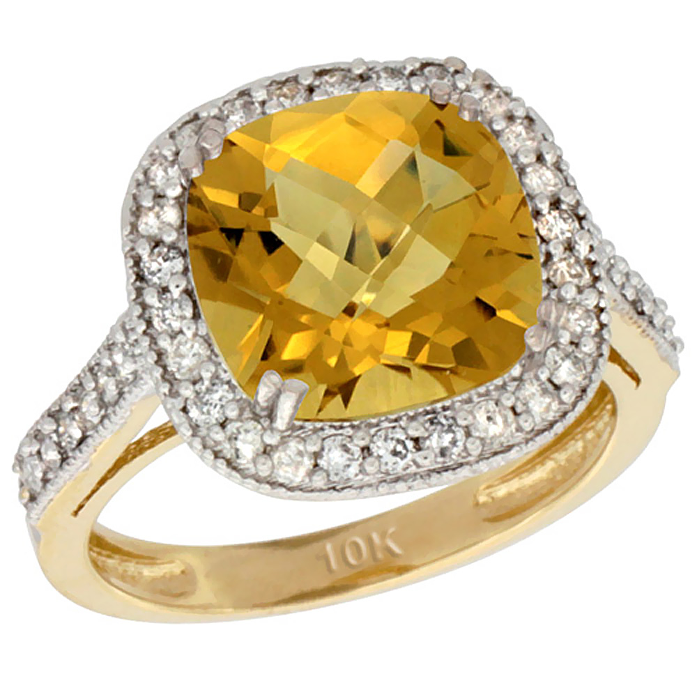 10k Yellow Gold Natural Whisky Quartz Ring Cushion-cut 9x9mm Diamond Halo, sizes 5-10