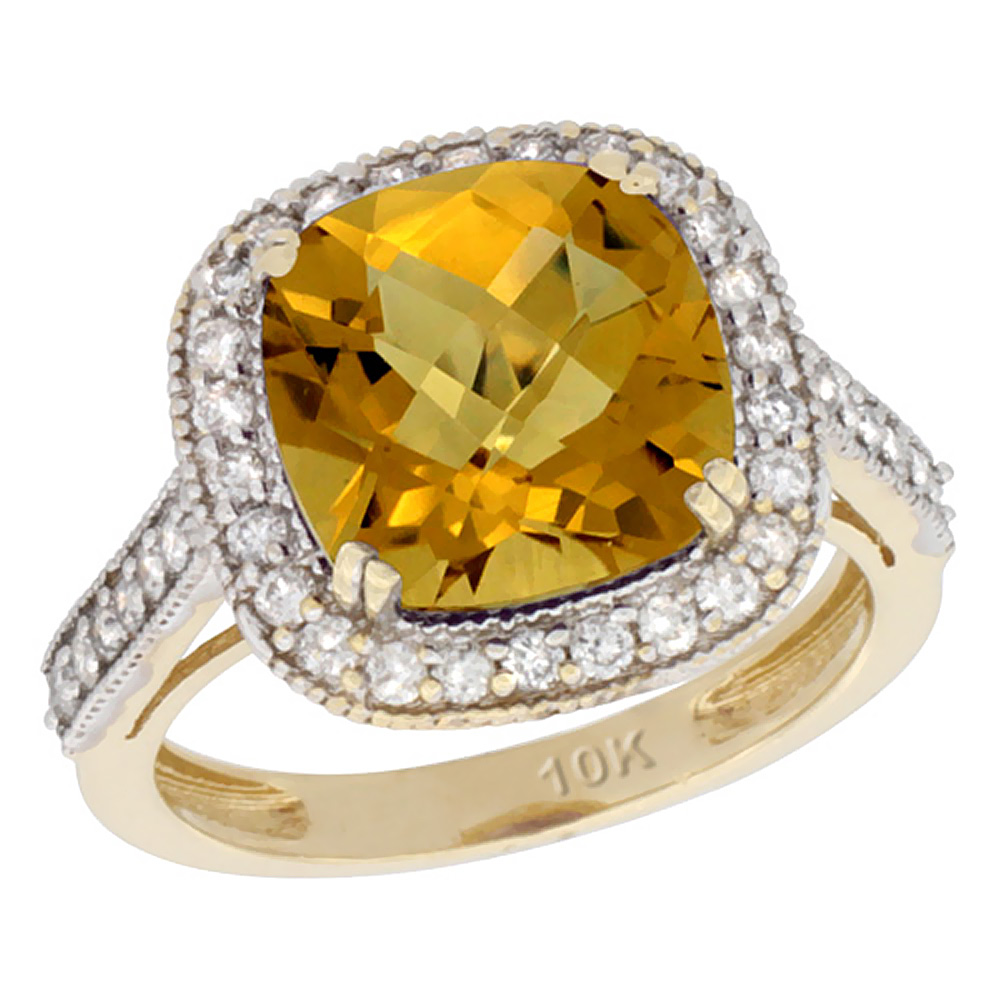 10k Yellow Gold Natural Whisky Quartz Ring Cushion-cut 10x10mm Diamond Halo, sizes 5-10