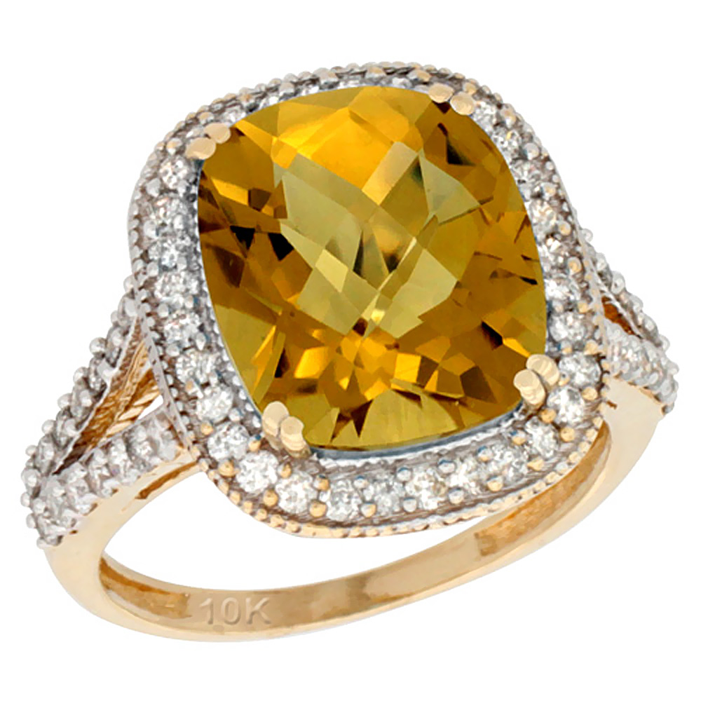 10k Yellow Gold Natural Whisky Quartz Ring Cushion-cut 12x10mm Diamond Halo, sizes 5-10