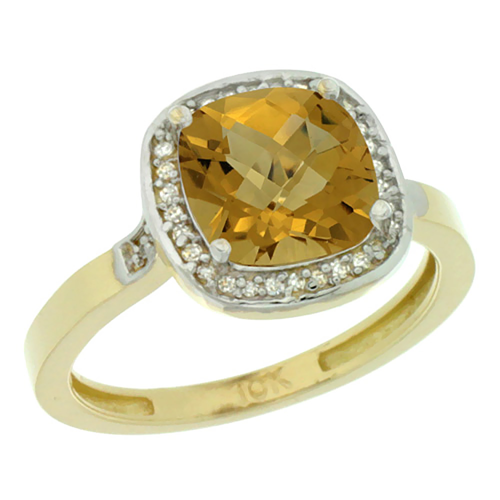 10K Yellow Gold Diamond Natural Whisky Quartz Ring Cushion-cut 8x8mm, sizes 5-10