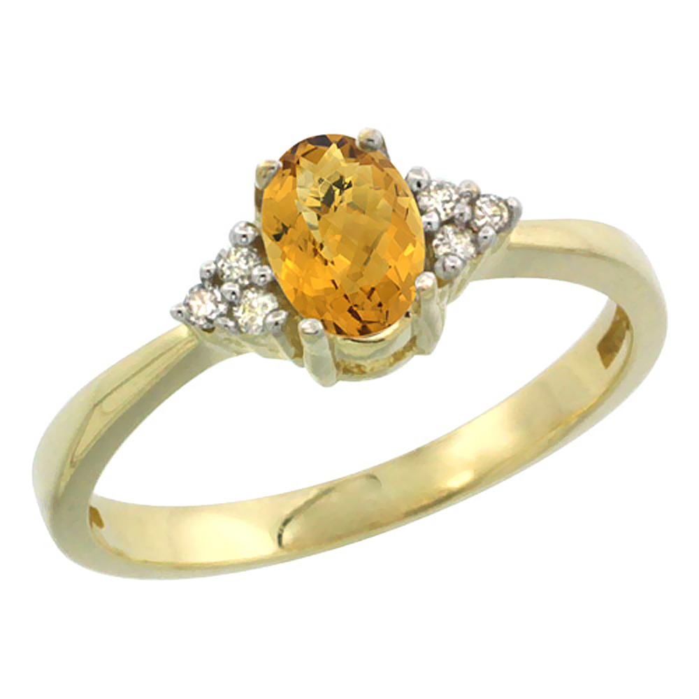 10K Yellow Gold Natural Whisky Quartz Ring Oval 6x4mm Diamond Accent, sizes 5-10