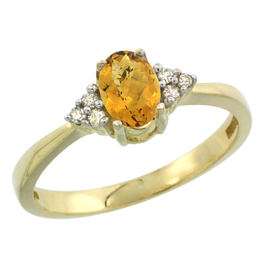 14K Yellow Gold Natural Whisky Quartz Ring Oval 6x4mm Diamond Accent, sizes 5-10