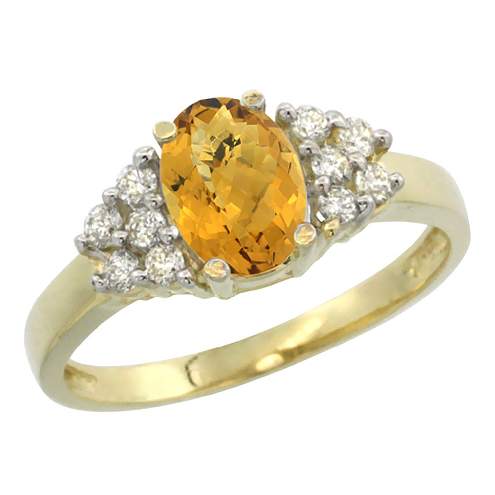 10K Yellow Gold Natural Whisky Quartz Ring Oval 8x6mm Diamond Accent, sizes 5-10