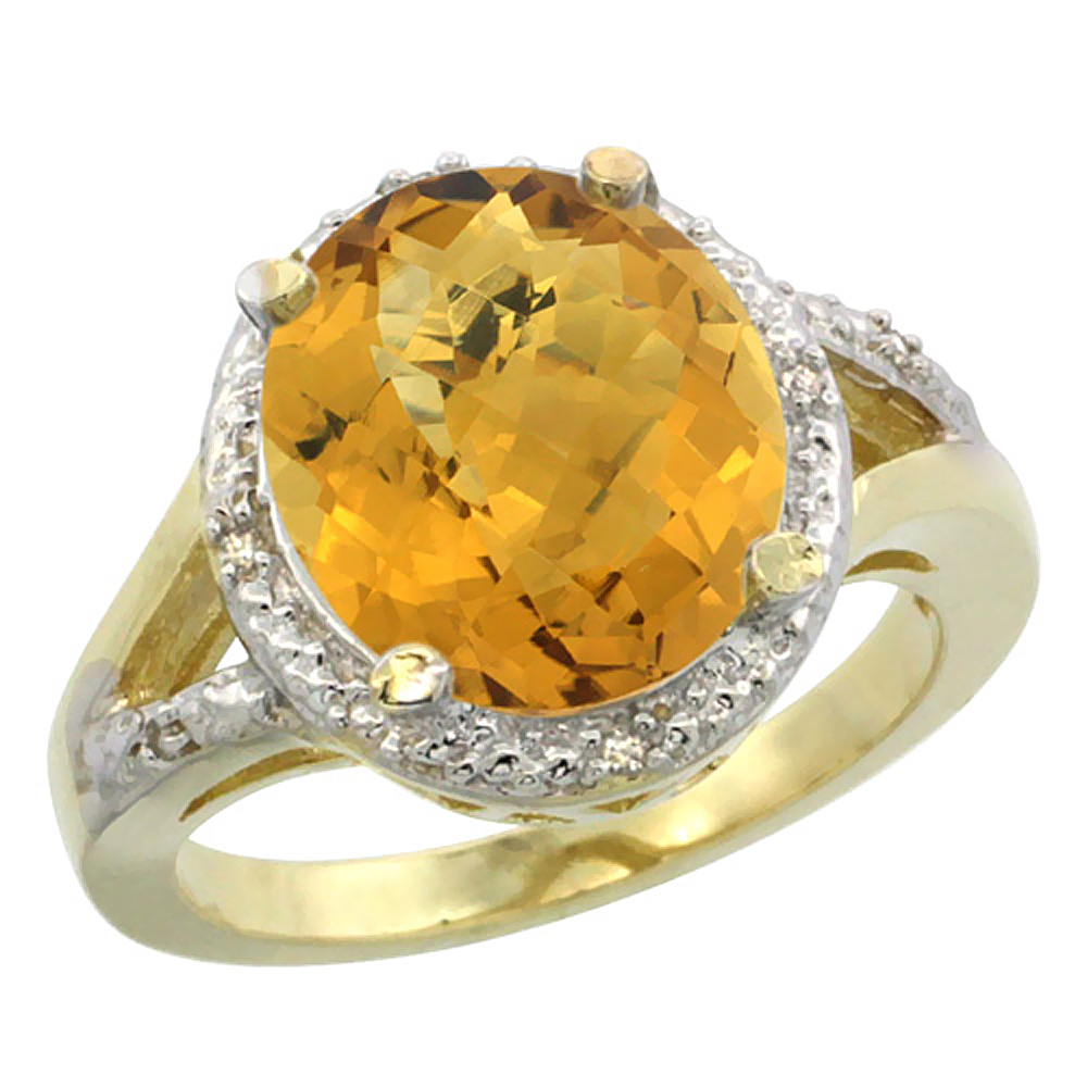 10K Yellow Gold Natural Whisky Quartz Ring Oval 12x10mm Diamond Accent, sizes 5-10