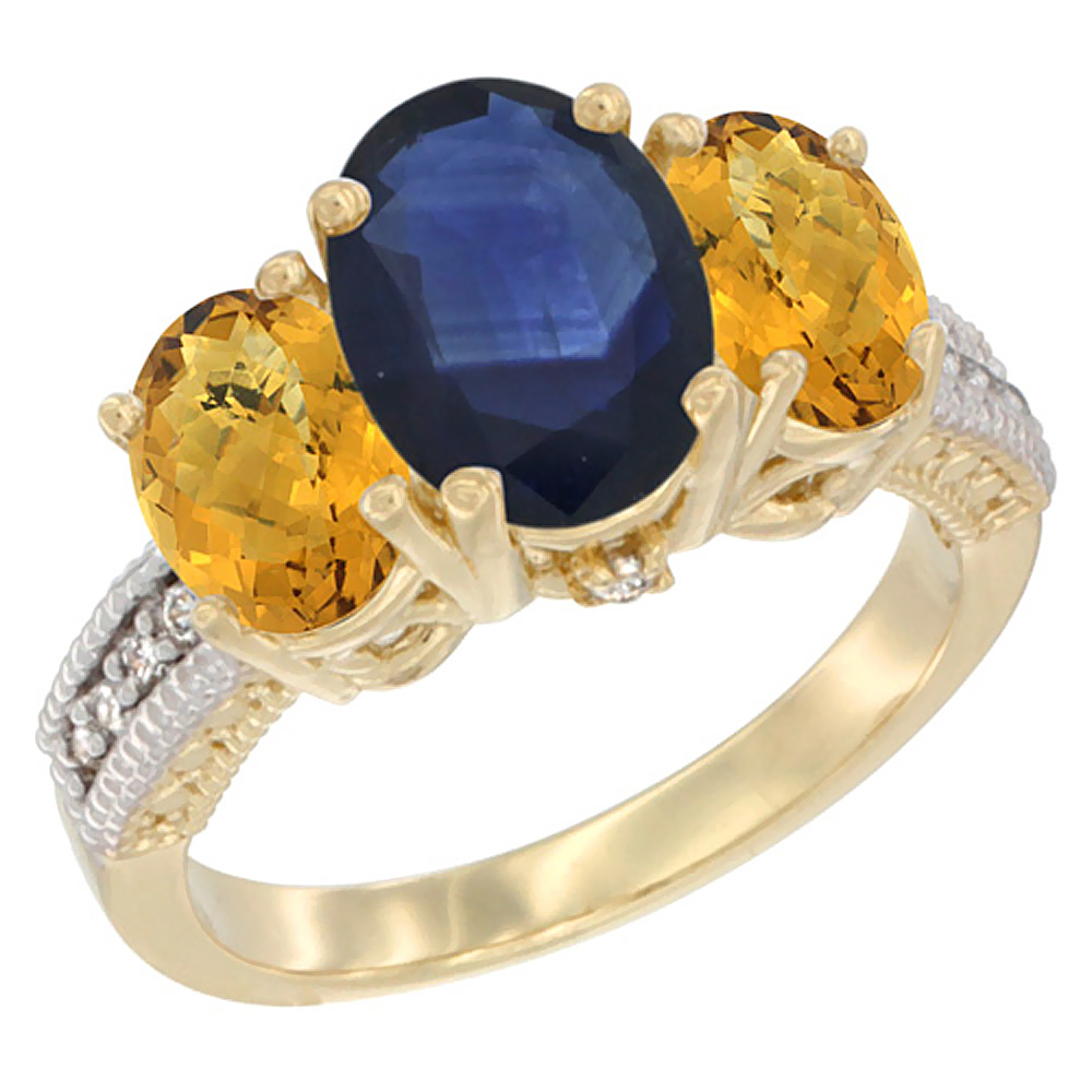 14K Yellow Gold Diamond Natural Blue Sapphire Ring 3-Stone Oval 8x6mm with Whisky Quartz, sizes5-10