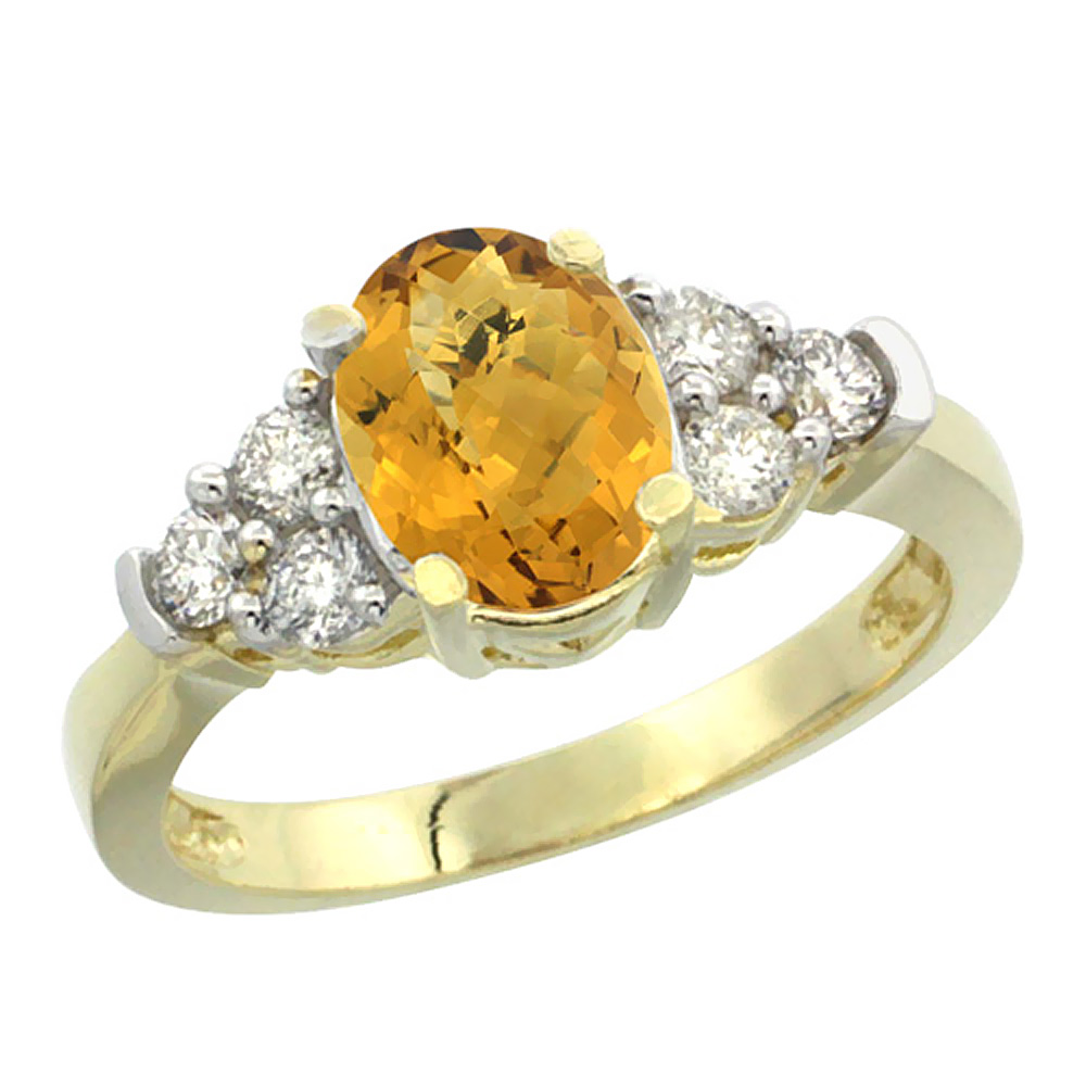 10K Yellow Gold Natural Whisky Quartz Ring Oval 9x7mm Diamond Accent, sizes 5-10