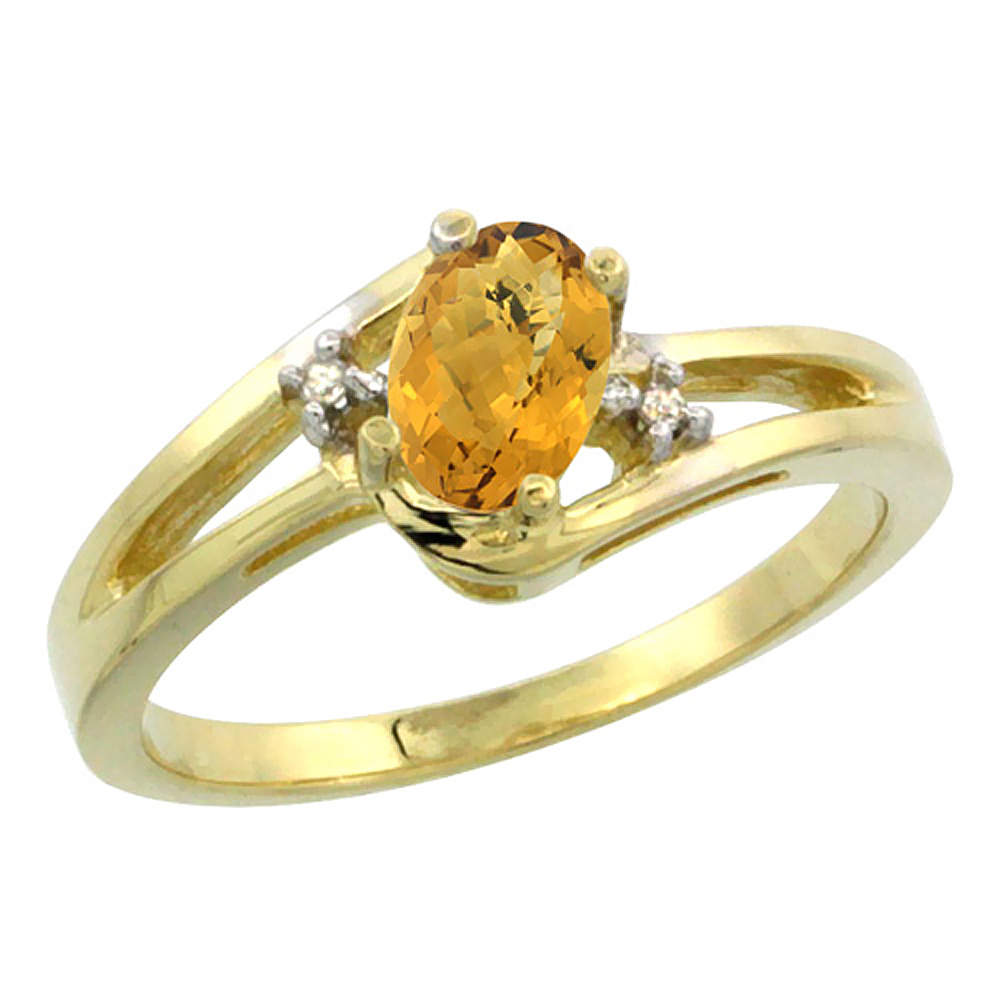 14K Yellow Gold Diamond Natural Whisky Quartz Ring Oval 6x4 mm, sizes 5-10