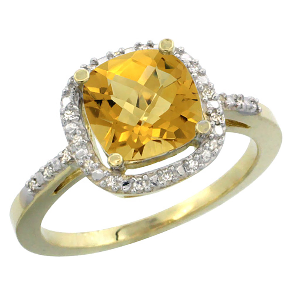 10K Yellow Gold Natural Whisky Quartz Ring Cushion-cut 8x8mm Diamond Accent, sizes 5-10