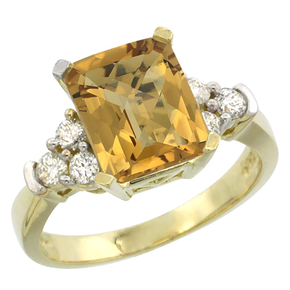 10K Yellow Gold Natural Whisky Quartz Ring Octagon 9x7mm Diamond Accent, sizes 5-10