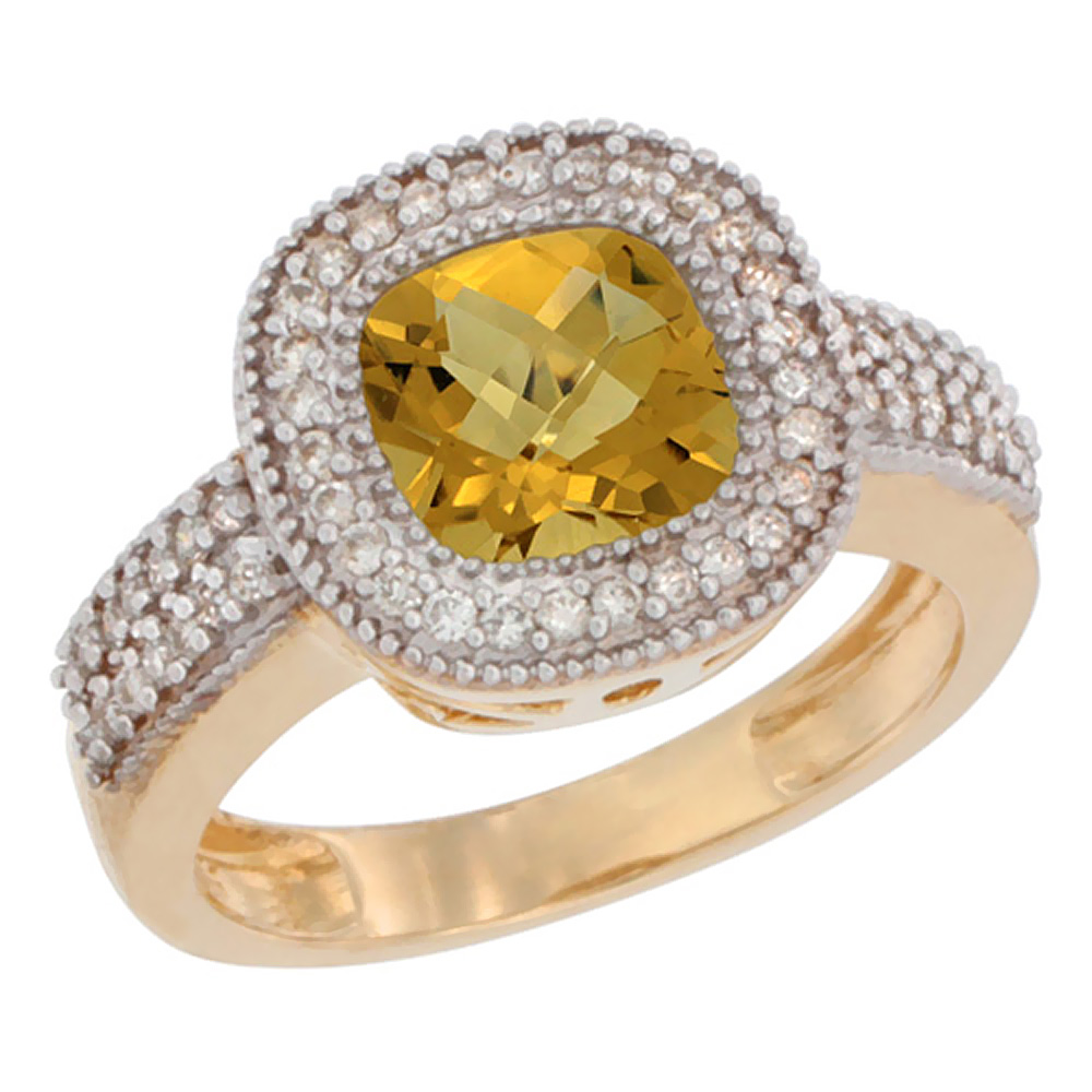 10K Yellow Gold Natural Whisky Quartz Ring Cushion-cut 7x7mm Diamond Accent, sizes 5-10