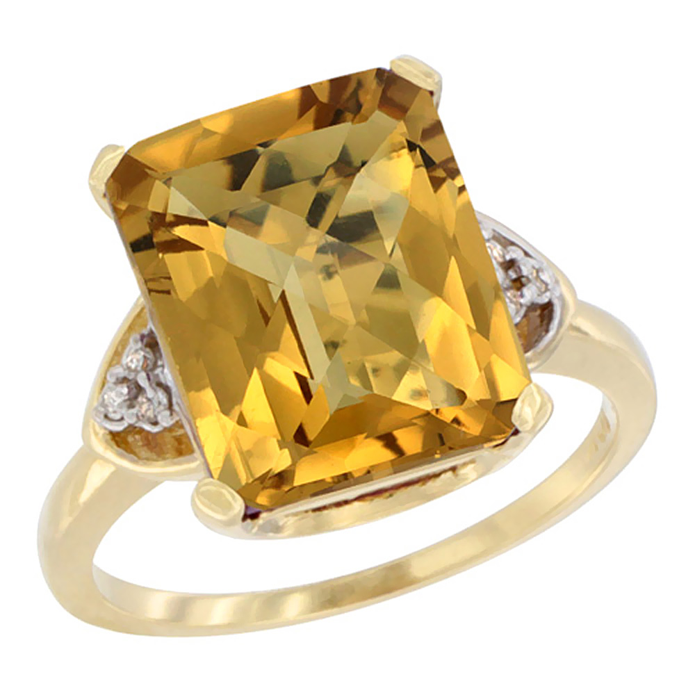 14K Yellow Gold Diamond Natural Whisky Quartz Ring Octagon 12x10 mm, sizes 5-10