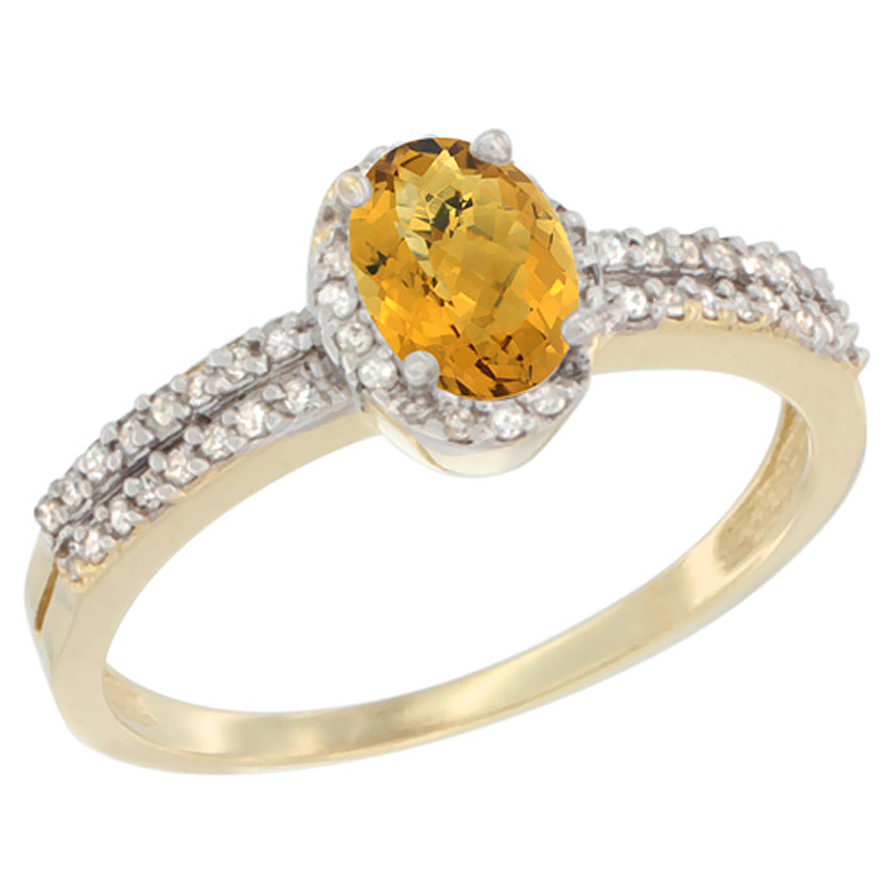 10K Yellow Gold Natural Whisky Quartz Ring Oval 6x4mm Diamond Accent, sizes 5-10