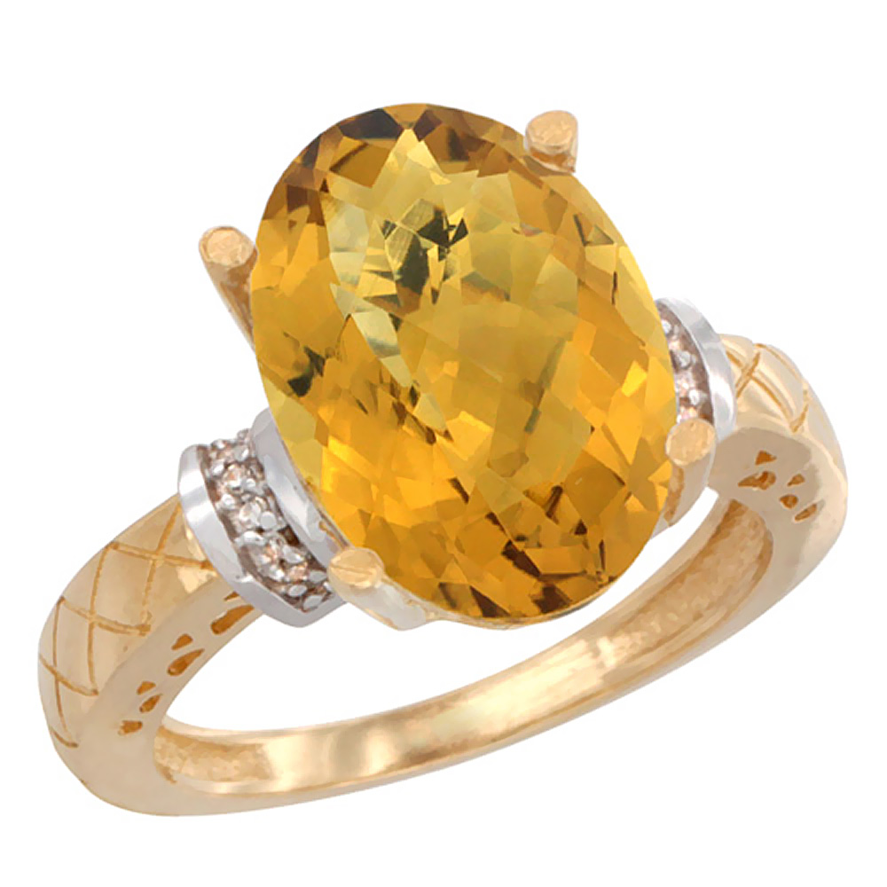 10K Yellow Gold Diamond Natural Whisky Quartz Ring Oval 14x10mm, sizes 5-10