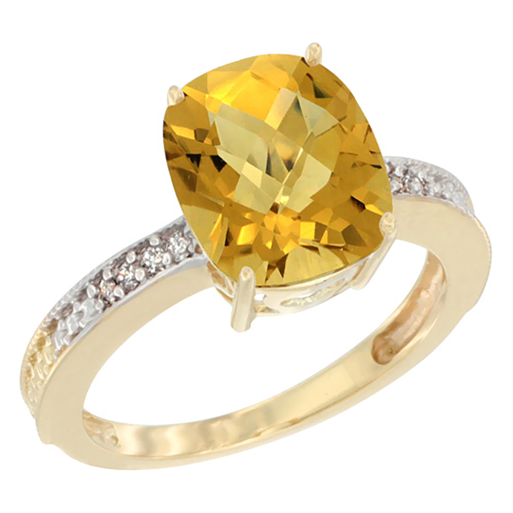 10K Yellow Gold Diamond Cushion 10x8 mm Natural Whisky Quartz Stone Ring, sizes 5 - 10