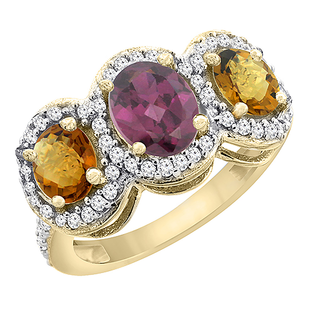 14K Yellow Gold Natural Rhodolite & Whisky Quartz 3-Stone Ring Oval Diamond Accent, sizes 5 - 10