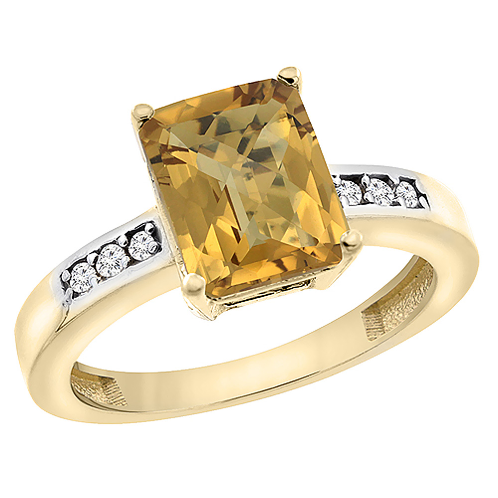 14K Yellow Gold Natural Whisky Quartz Octagon 9x7 mm with Diamond Accents, sizes 5 - 10