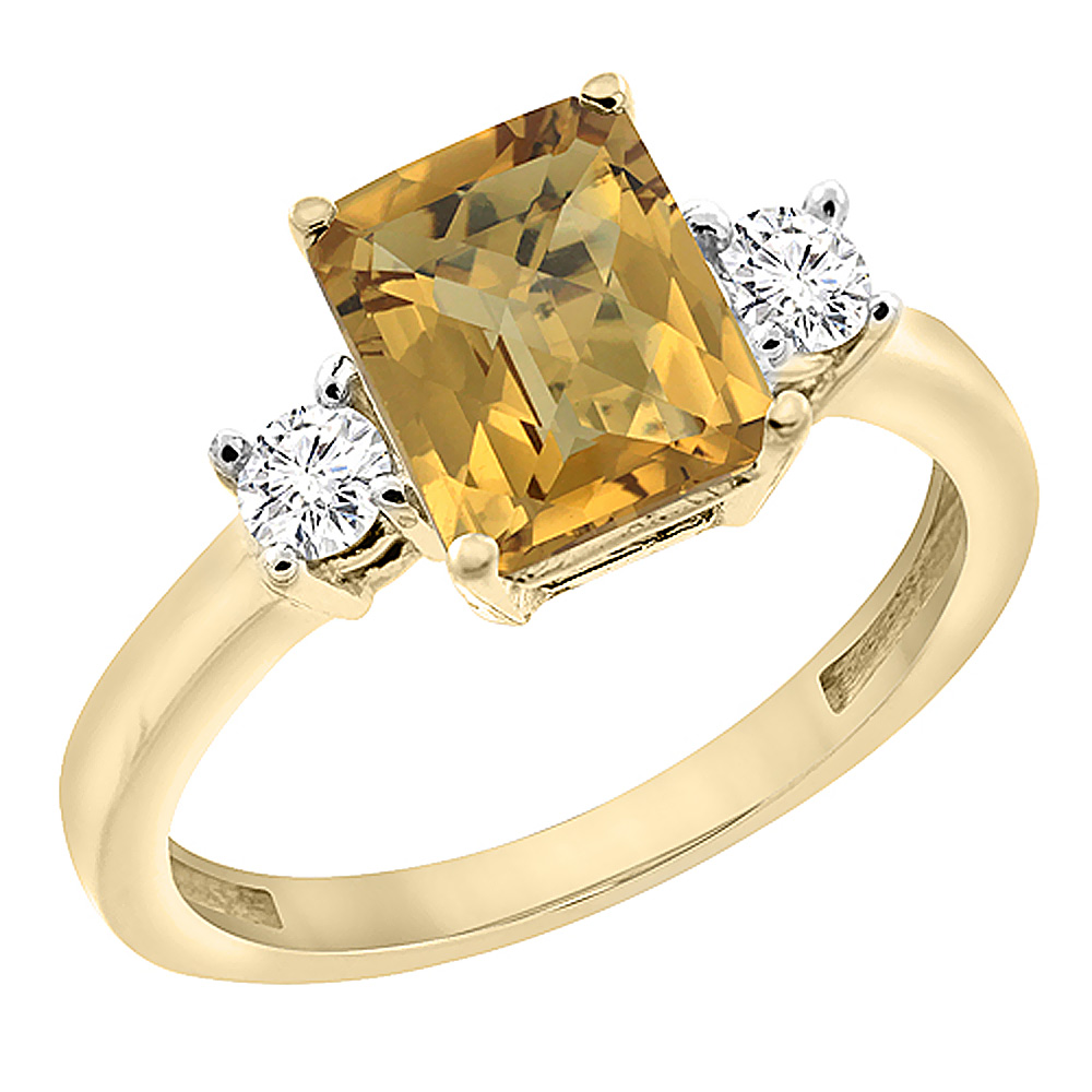 14K Yellow Gold Natural Whisky Quartz Ring Octagon 8x6 mm with Diamond Accents, sizes 5 - 10
