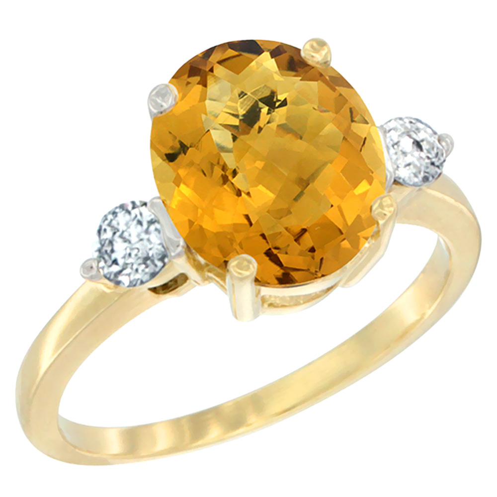 14K Yellow Gold 10x8mm Oval Natural Whisky Quartz Ring for Women Diamond Side-stones sizes 5 - 10