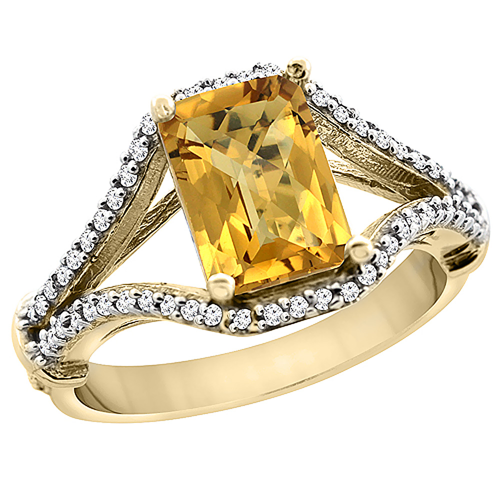 14K Yellow Gold Natural Whisky Quartz Ring Octagon 8x6 mm with Diamond Accents, sizes 5 - 10