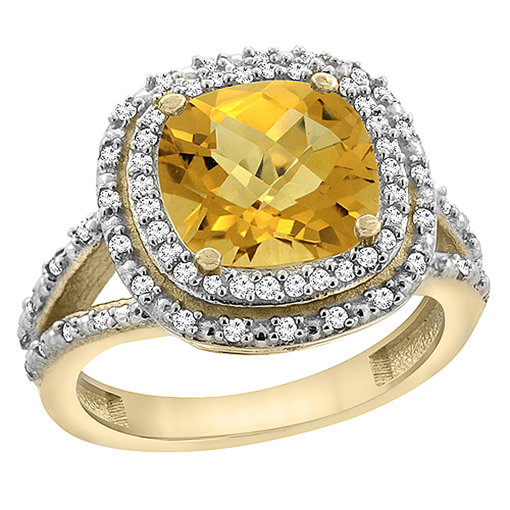 10K Yellow Gold Natural Whisky Quartz Ring Cushion 8x8 mm with Diamond Accents, sizes 5 - 10