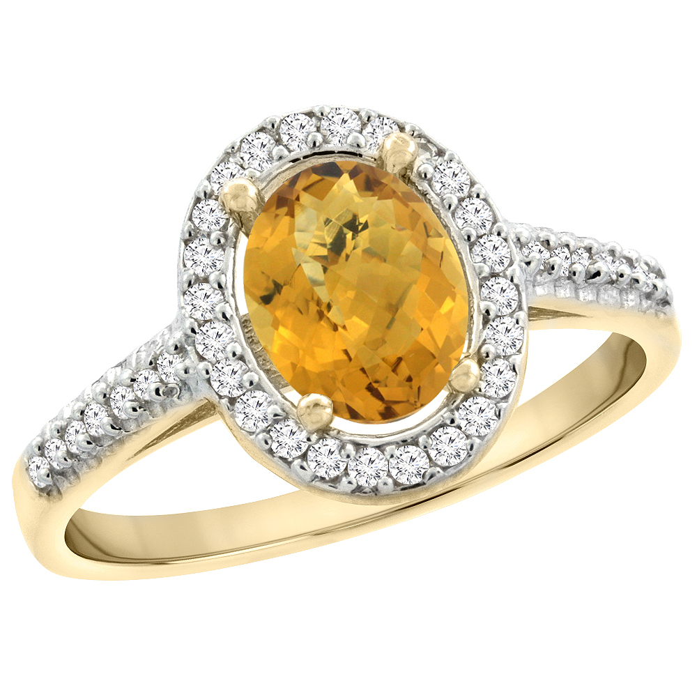 14K Yellow Gold Natural Whisky Quartz Engagement Ring Oval 7x5 mm Diamond Halo, sizes 5 - 10