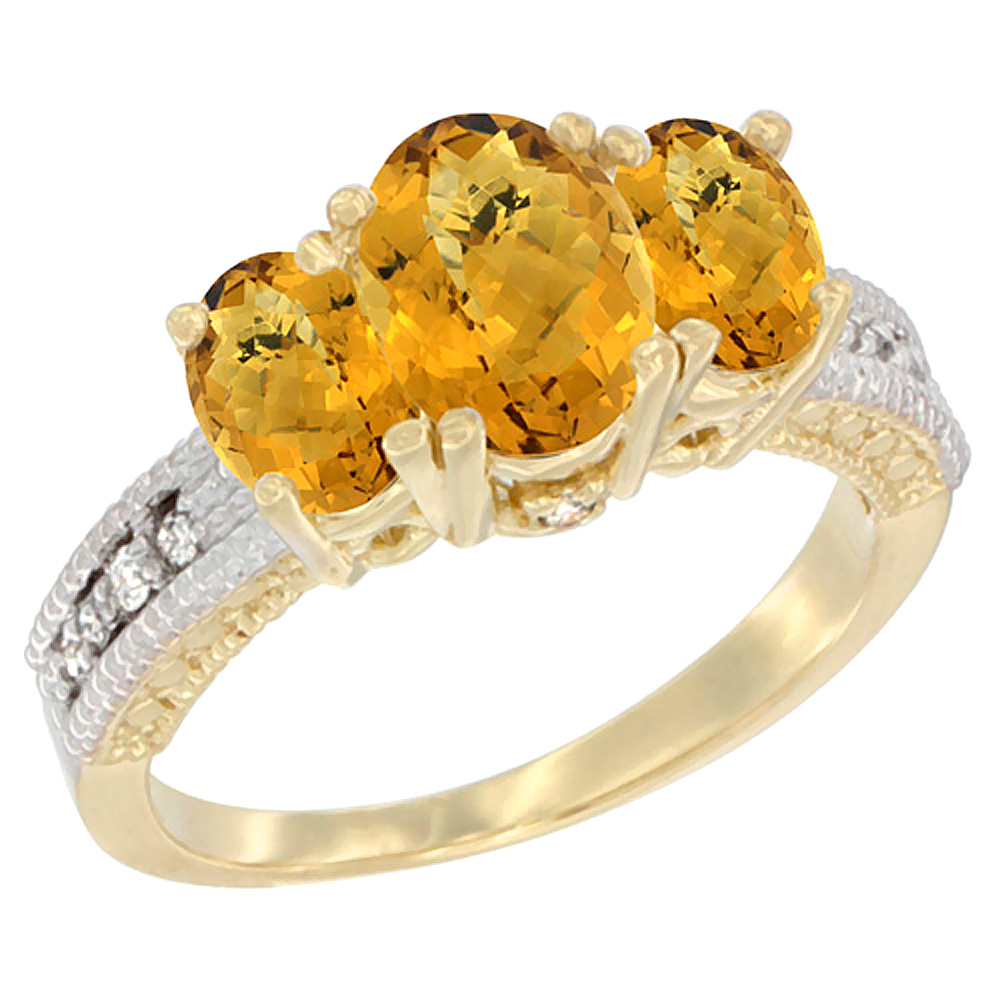 14K Yellow Gold Diamond Natural Whisky Quartz Ring Oval 3-stone, sizes 5 - 10