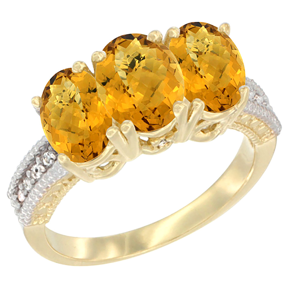 10K Yellow Gold Diamond Natural Whisky Quartz Ring 3-Stone 7x5 mm Oval, sizes 5 - 10