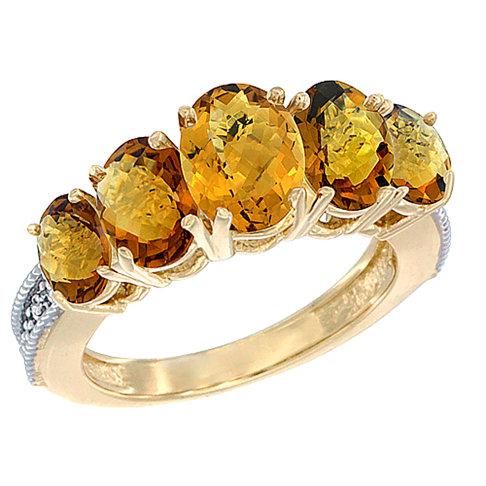 14K Yellow Gold Diamond Natural Whisky Quartz Ring 5-stone Oval 8x6 Ctr,7x5,6x4 sides, sizes 5 - 10