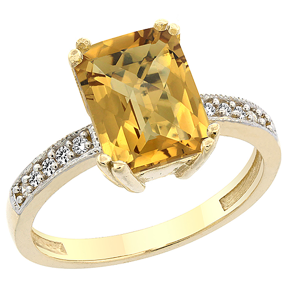 14K Yellow Gold Natural Whisky Quartz Ring Octagon 10x8mm Diamond Accent, sizes 5 to 10
