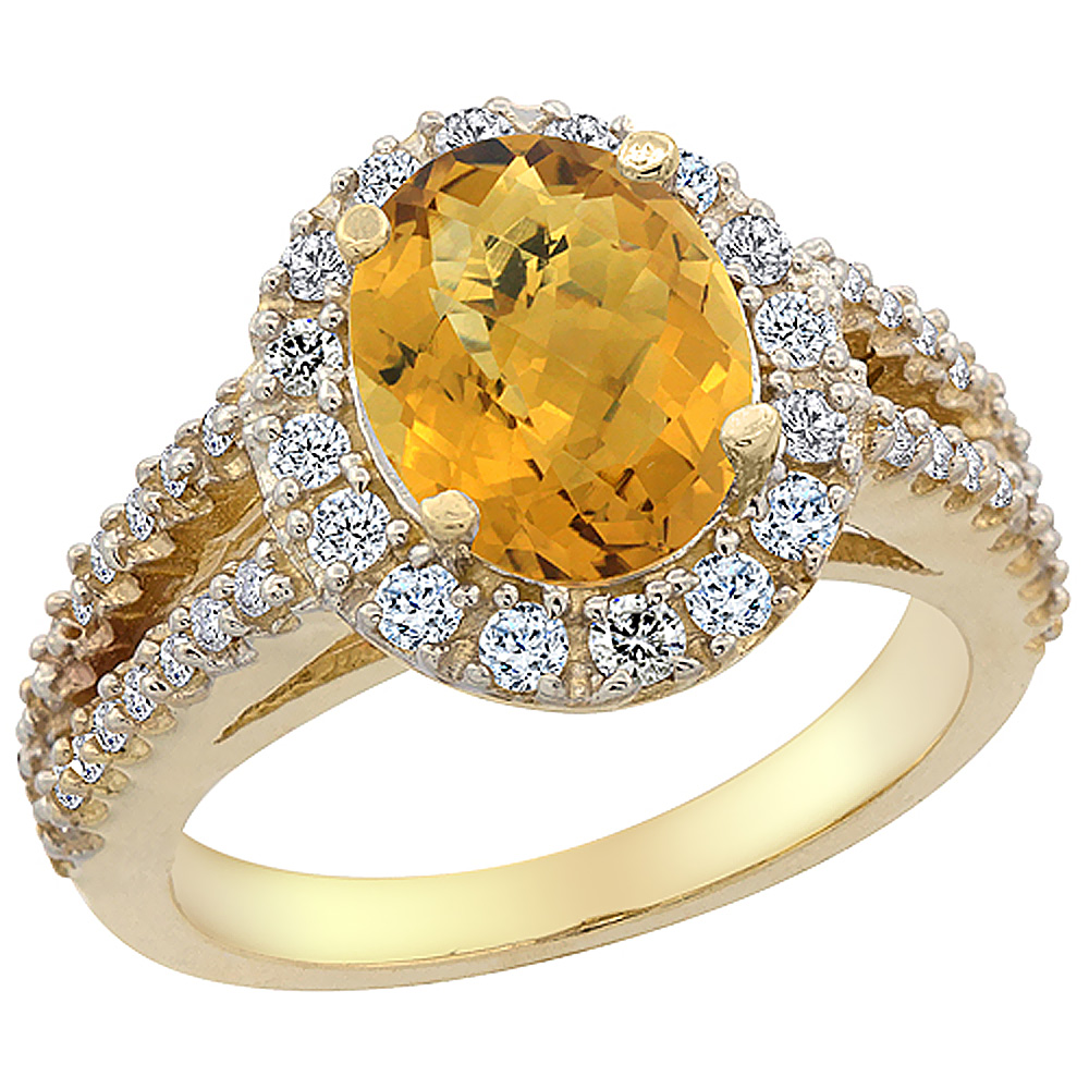 10K Yellow Gold Diamond Natural Whisky Quartz Engagement Ring Oval 10x8mm, sizes 5-10