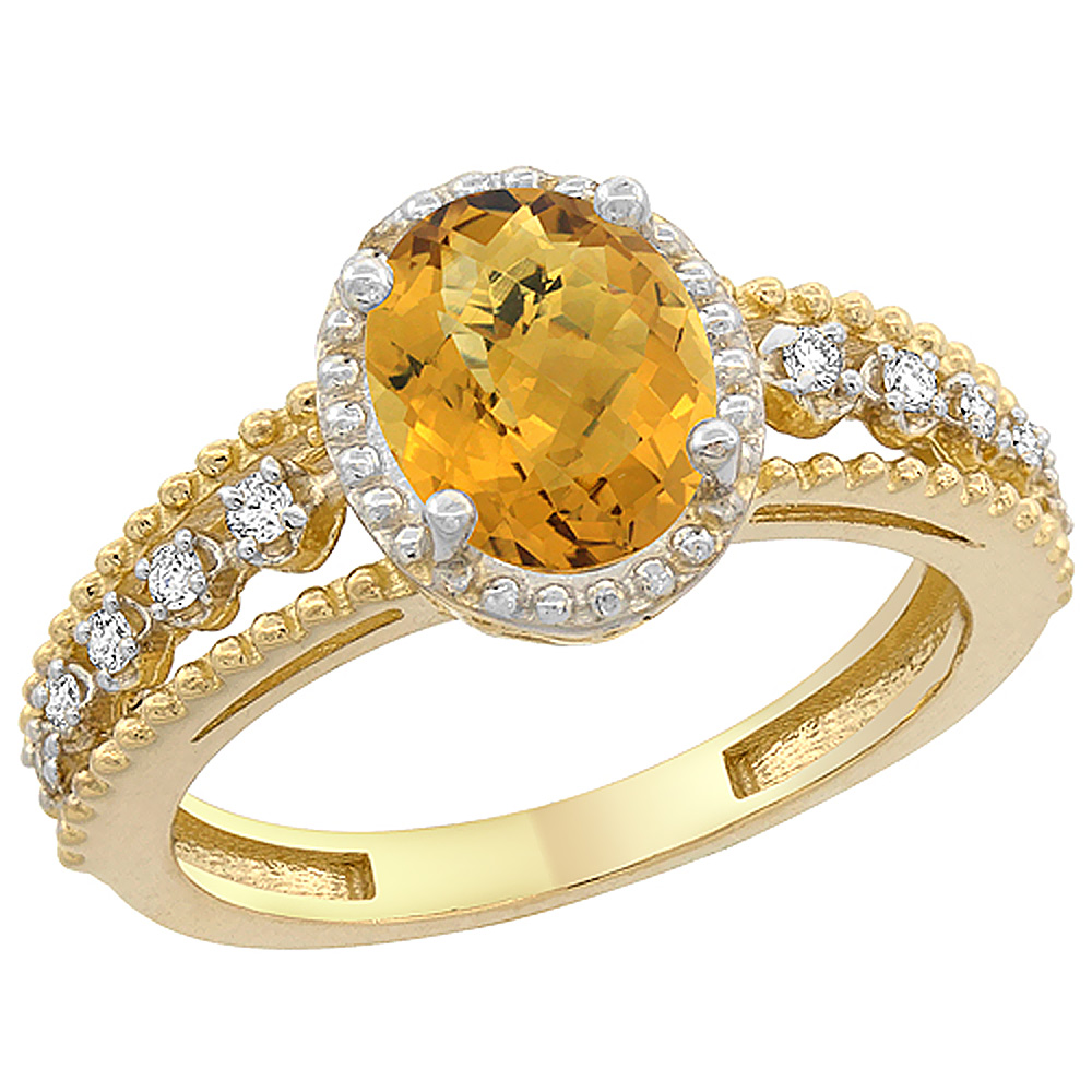 10K Yellow Gold Natural Whisky Quartz Ring Oval 9x7 mm Floating Diamond Accents, sizes 5 - 10