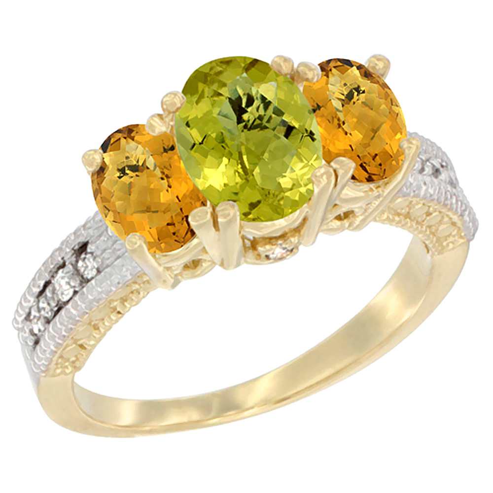 10K Yellow Gold Diamond Natural Lemon Quartz Ring Oval 3-stone with Whisky Quartz, sizes 5 - 10