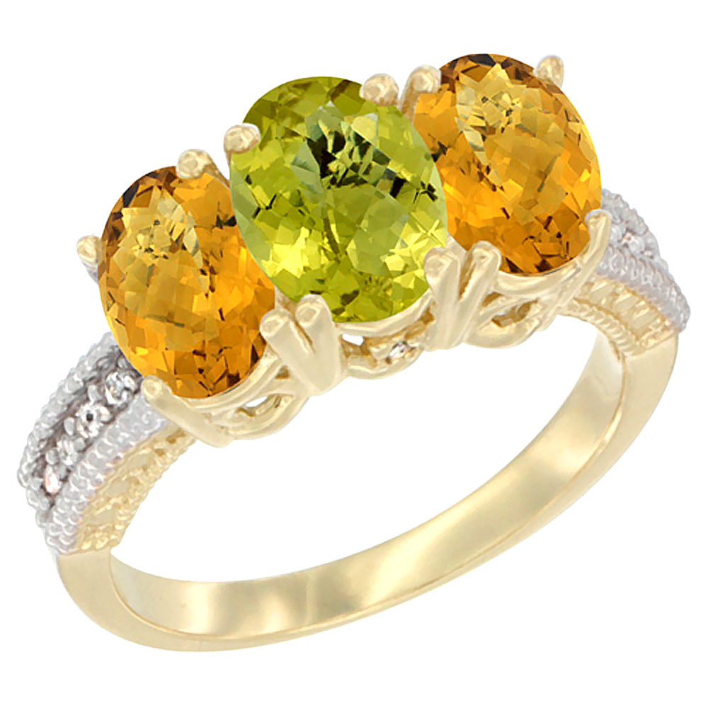 10K Yellow Gold Diamond Natural Lemon Quartz & Whisky Quartz Ring 3-Stone 7x5 mm Oval, sizes 5 - 10