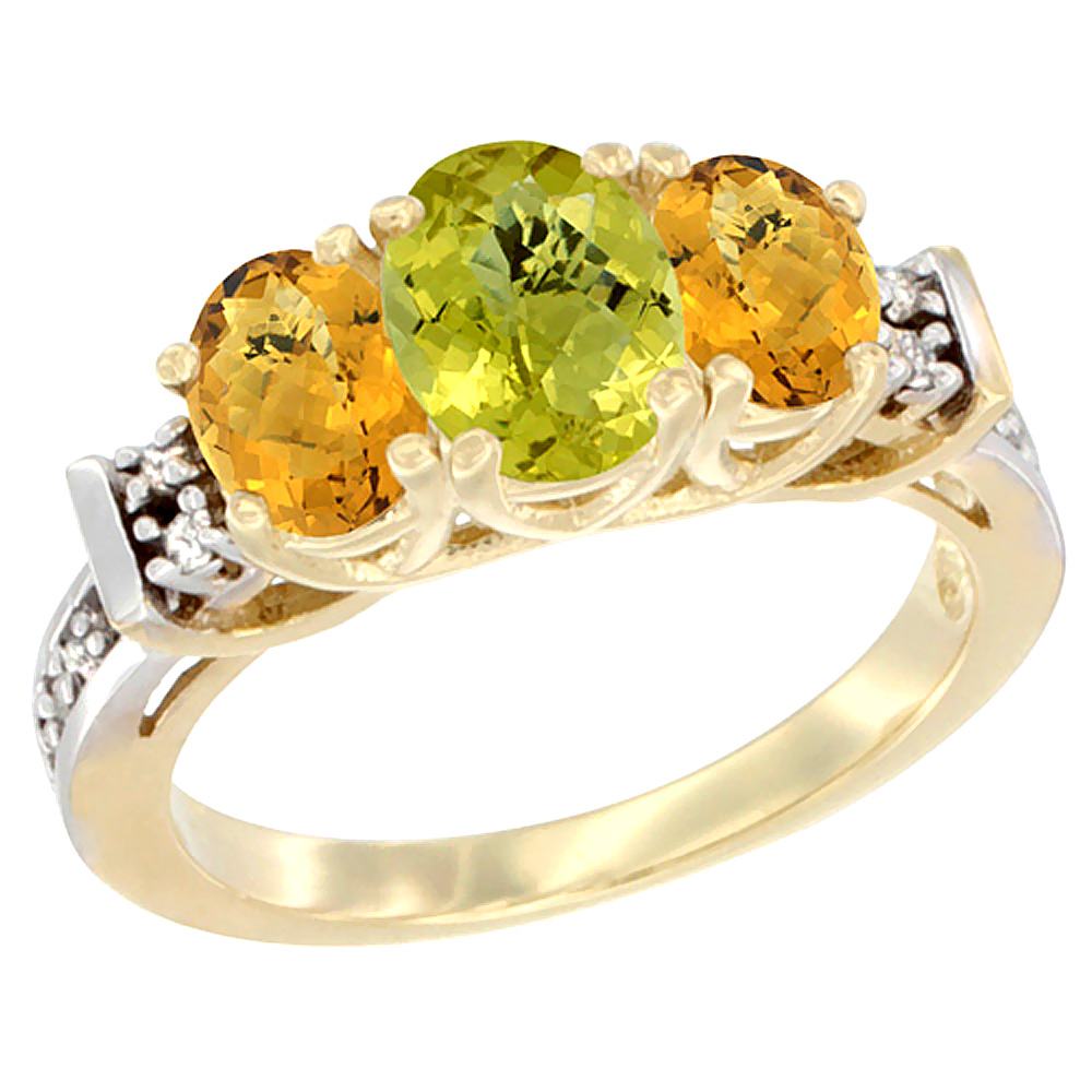 10K Yellow Gold Natural Lemon Quartz & Whisky Quartz Ring 3-Stone Oval Diamond Accent