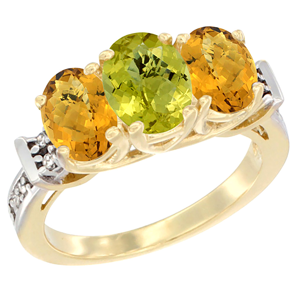 10K Yellow Gold Natural Lemon Quartz &amp; Whisky Quartz Sides Ring 3-Stone Oval Diamond Accent, sizes 5 - 10